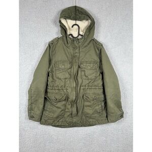 American Eagle AEO Army‎ Green Canvas Cargo Field Hooded Jacket Coat Sz M Sherpa